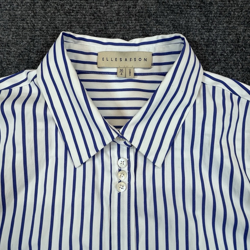 Elle Sasson 4 36 Blue White 100% Cotton Striped Button Down Shirt Top Asymmetric - Picture 3 of 9
